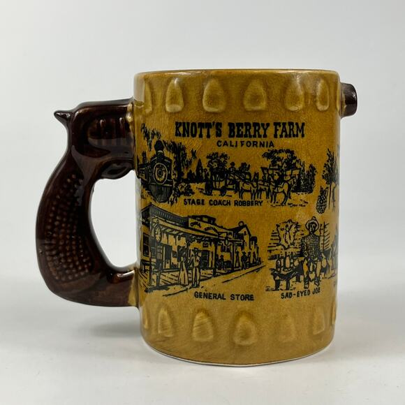 Knotts Berry Farm Souvenir Mug Beer Coffee Glazed Cup California Gun Handle 80s - Picture 3 of 9